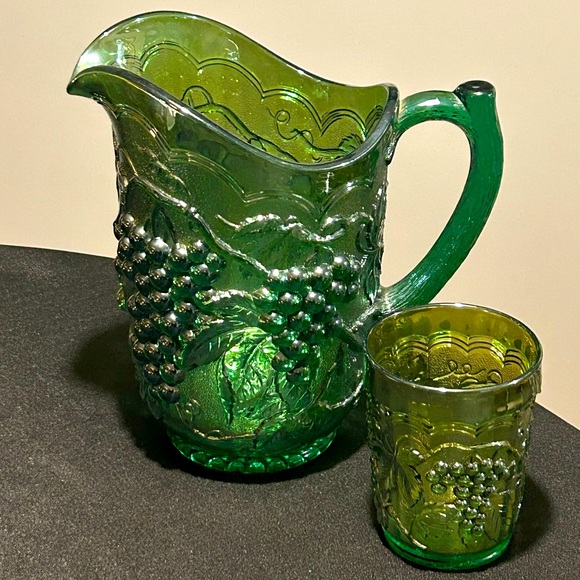Vintage Imperial Grape Green Carnival Glass Water Pitcher and Cup RARE SET/COLOR - Picture 3 of 9